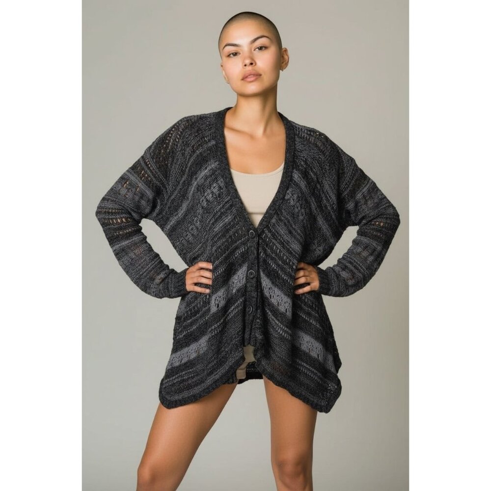Free People Size XS Grey Striped Crochet Button Front Knit Cardigan Oversized